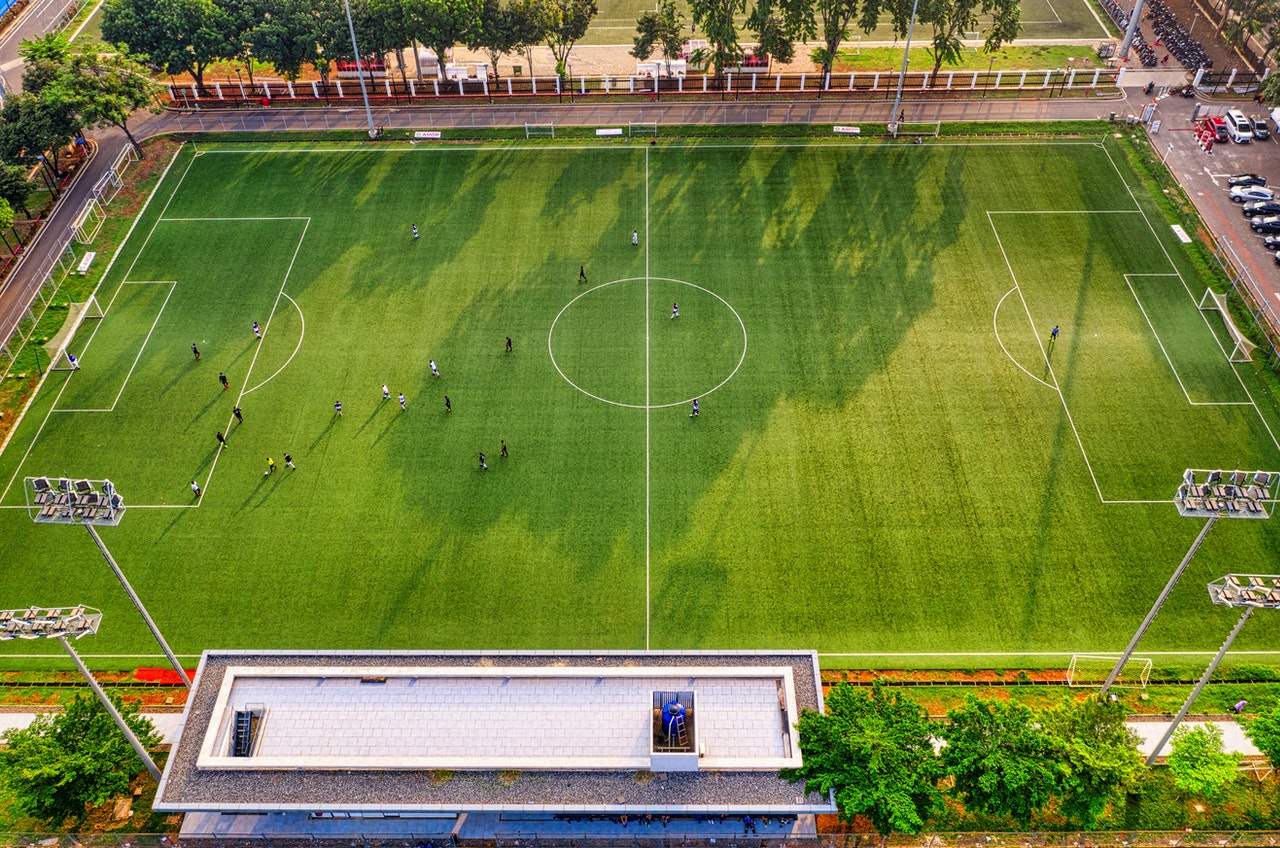 drone pic utility players in soccer field